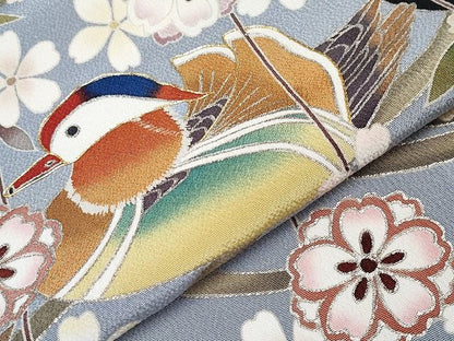平和屋本店●極上 訪問着 駒刺繍 夜桜 鴛鴦 黒地 銀彩 逸品 CYAA0641s4