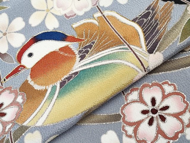 平和屋本店●極上 訪問着 駒刺繍 夜桜 鴛鴦 黒地 銀彩 逸品 CYAA0641s4
