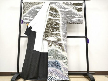 平和屋本店■極上　訪問着　おぼろ染め　襲絞り　相良刺繍　流水霞枝花文　銀通し地　逸品　CYAA0647s4