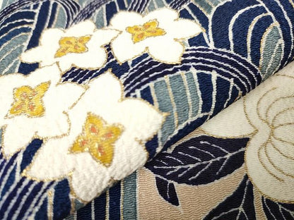 平和屋本店■極上　浦野理一　金彩友禅　九寸名古屋帯　藍　立波　橘花文　鬼しぼ縮緬　金彩　逸品　DZAA2003kh4