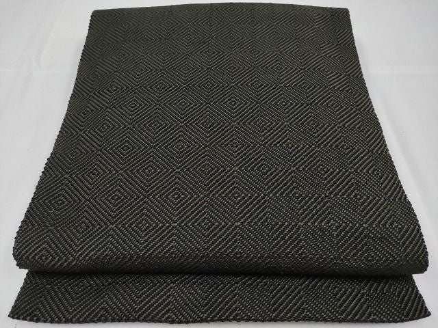 平和屋本店●希少　伊兵衛織　工芸手織　八寸名古屋帯　入子菱　黒色×グレー　たとう紙付き　逸品4s022