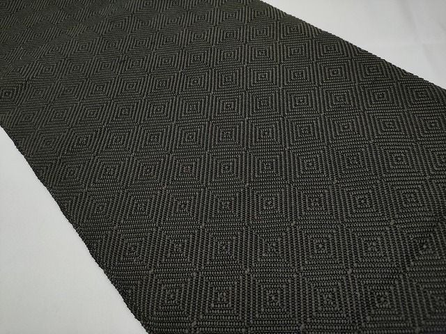 平和屋本店●希少　伊兵衛織　工芸手織　八寸名古屋帯　入子菱　黒色×グレー　たとう紙付き　逸品4s022