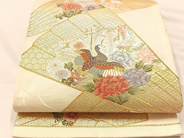 平和屋着物◎六通柄袋帯 唐織 檜扇鳳凰花文 金糸 正絹 逸品 AAAJ6344Bsa