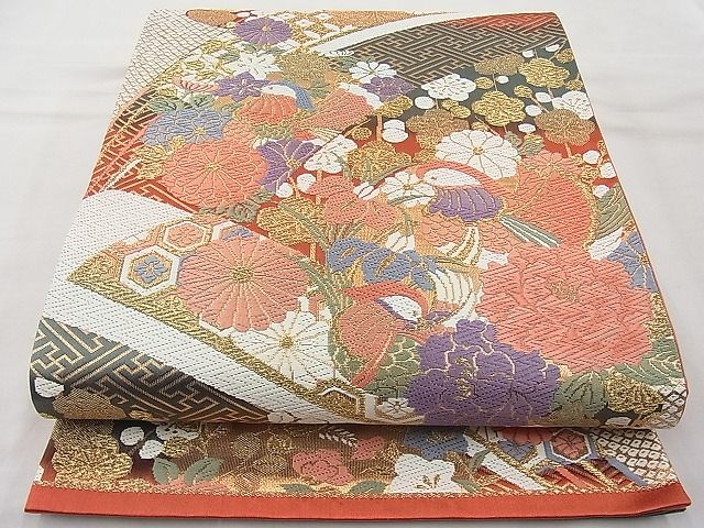 平和屋着物◎六通柄袋帯 唐織 熨斗吉祥鴛鴦草花文 金糸 逸品 BAAJ6925sa