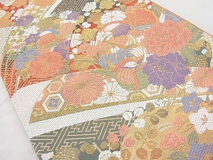 平和屋着物◎六通柄袋帯 唐織 熨斗吉祥鴛鴦草花文 金糸 逸品 BAAJ6925sa
