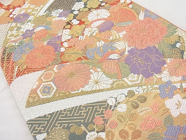 平和屋着物◎六通柄袋帯 唐織 熨斗吉祥鴛鴦草花文 金糸 逸品 BAAJ6925sa