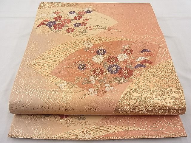 平和屋着物◎六通柄袋帯 唐織 流水地紙草花文 金糸 逸品 BAAJ6940sa