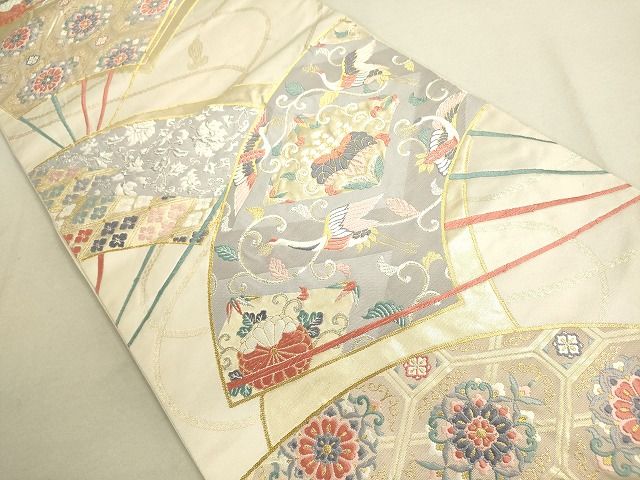 平和屋着物◎六通柄袋帯 唐織 扇面飛鶴花唐草文 金銀糸 逸品 DAAG1453we