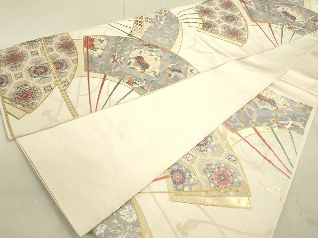 平和屋着物◎六通柄袋帯 唐織 扇面飛鶴花唐草文 金銀糸 逸品 DAAG1453we