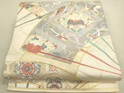平和屋着物◎六通柄袋帯 唐織 扇面飛鶴花唐草文 金銀糸 逸品 DAAG1453we
