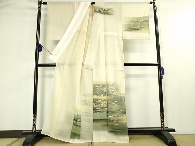 平和屋本店▽極上 訪問着 無双 紗×紗 秋草文 芒 手描き 暈し染め 金彩 逸品 DZAA2023kh4