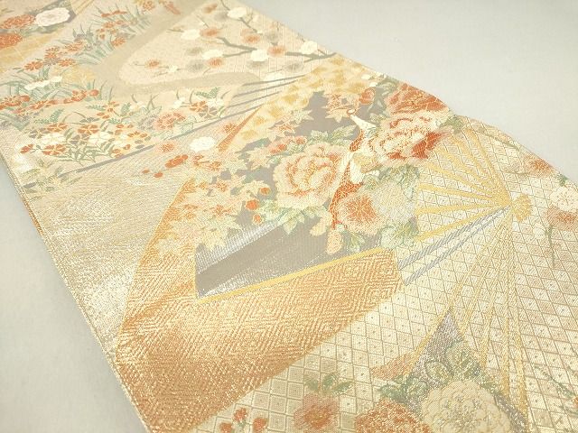 平和屋着物◎佐賀錦 六通柄袋帯 扇面花鳥文 金糸 逸品 DAAG9773op