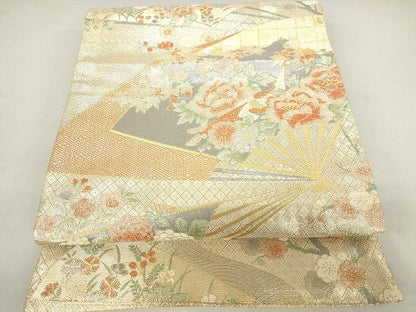 平和屋着物◎佐賀錦 六通柄袋帯 扇面花鳥文 金糸 逸品 DAAG9773op