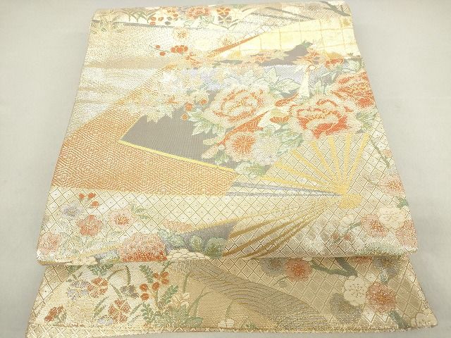 平和屋着物◎佐賀錦 六通柄袋帯 扇面花鳥文 金糸 逸品 DAAG9773op
