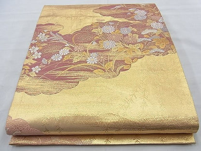 平和屋着物◎六通柄袋帯 唐織 雲取秋草文 金糸 逸品 BAAI6950cm
