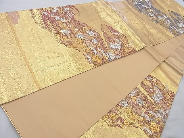 平和屋着物◎六通柄袋帯 唐織 雲取秋草文 金糸 逸品 BAAI6950cm