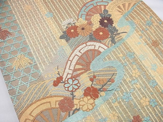 平和屋着物◎六通柄袋帯 唐織 片輪車草花文 金糸 逸品 BAAI6964cm