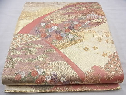 平和屋着物◎六通柄袋帯 唐織 風景文 金糸 逸品 BAAI6977cm