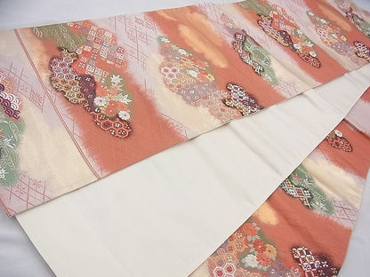 平和屋着物◎六通柄袋帯 唐織 雲取り吉祥花文 金糸 逸品 BAAJ0811cm