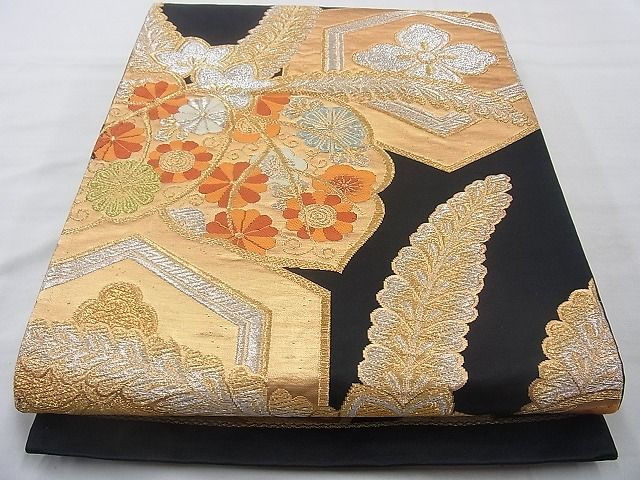 平和屋着物◎六通柄袋帯 唐織 花菱亀甲桐菊文 黒地 金銀糸 逸品 BAAJ0851cm