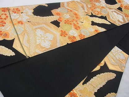 平和屋着物◎六通柄袋帯 唐織 花菱亀甲桐菊文 黒地 金銀糸 逸品 BAAJ0851cm