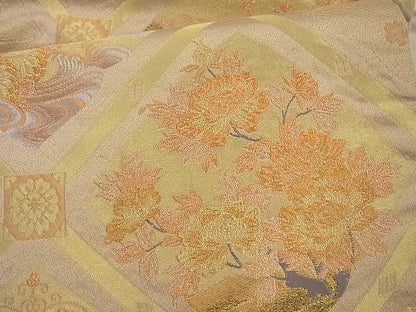 平和屋着物◎六通柄袋帯 菱天井花文 金糸 逸品 BAAJ0844cm