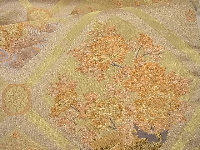 平和屋着物◎六通柄袋帯 菱天井花文 金糸 逸品 BAAJ0844cm
