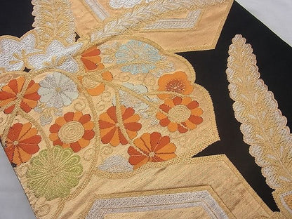 平和屋着物◎六通柄袋帯 唐織 花菱亀甲桐菊文 黒地 金銀糸 逸品 BAAJ0851cm