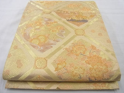 平和屋着物◎六通柄袋帯 菱天井花文 金糸 逸品 BAAJ0844cm