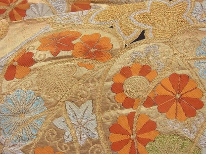 平和屋着物◎六通柄袋帯 唐織 花菱亀甲桐菊文 黒地 金銀糸 逸品 BAAJ0851cm
