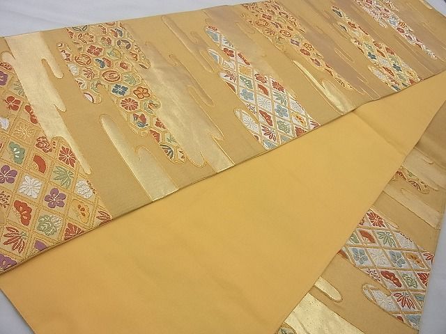 平和屋着物◎六通柄袋帯 唐織 ヱ霞草花文 金銀糸 逸品 BAAJ0862cm