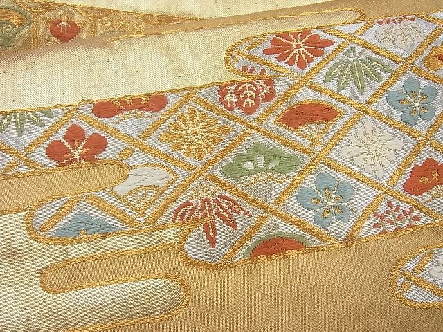 平和屋着物◎六通柄袋帯 唐織 ヱ霞草花文 金銀糸 逸品 BAAJ0862cm