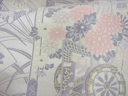 平和屋着物◎六通柄袋帯 唐織 格天井吉祥花文 銀糸 逸品 BAAJ6854cm