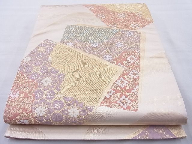 平和屋着物◎六通柄袋帯 唐織 色紙有職文 金糸 逸品 BAAJ0937cm