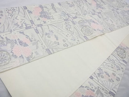 平和屋着物◎六通柄袋帯 唐織 格天井吉祥花文 銀糸 逸品 BAAJ6854cm