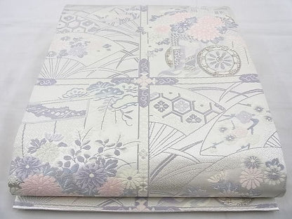 平和屋着物◎六通柄袋帯 唐織 格天井吉祥花文 銀糸 逸品 BAAJ6854cm