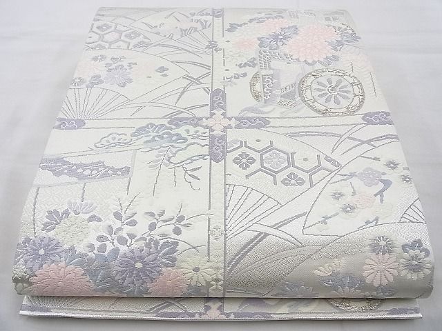 平和屋着物◎六通柄袋帯 唐織 格天井吉祥花文 銀糸 逸品 BAAJ6854cm