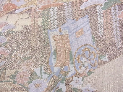 平和屋着物◎六通柄袋帯 唐織 遠山吉祥花文 金糸 逸品 BAAJ0945cm