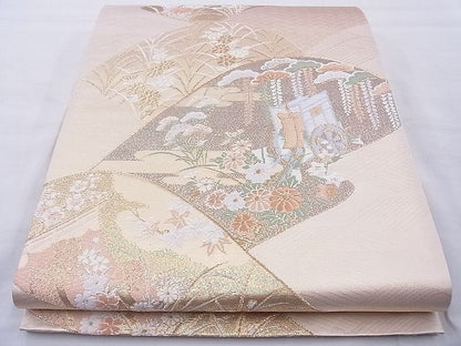 平和屋着物◎六通柄袋帯 唐織 遠山吉祥花文 金糸 逸品 BAAJ0945cm
