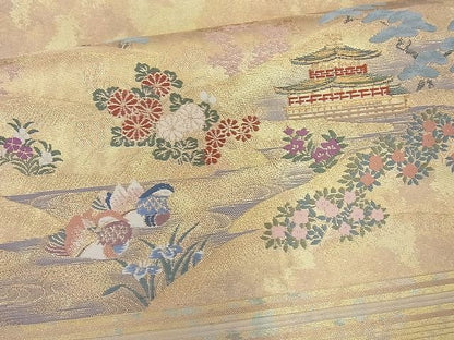 平和屋着物◎太鼓柄袋帯 名勝 金閣寺 金糸 引箔 逸品 BAAJ6868cm