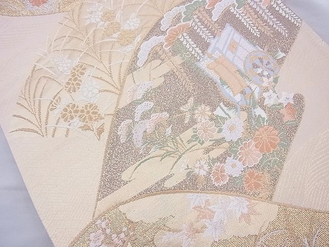 平和屋着物◎六通柄袋帯 唐織 遠山吉祥花文 金糸 逸品 BAAJ0945cm
