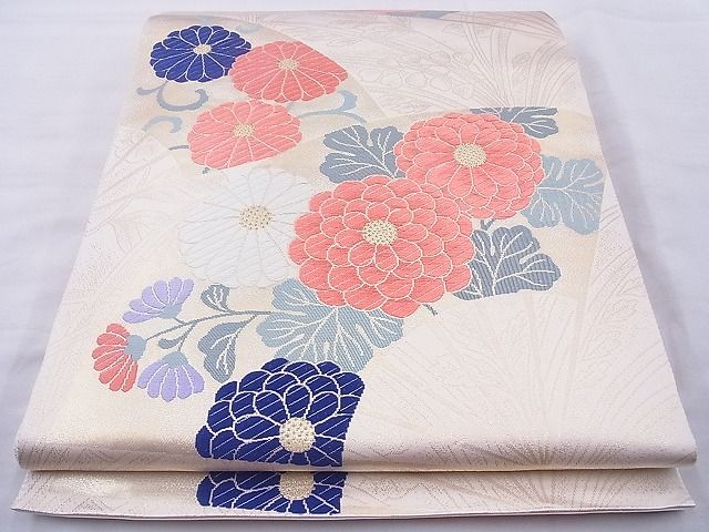 平和屋着物◎六通柄袋帯 唐織 扇面菊文 金糸 逸品 BAAJ0975cm