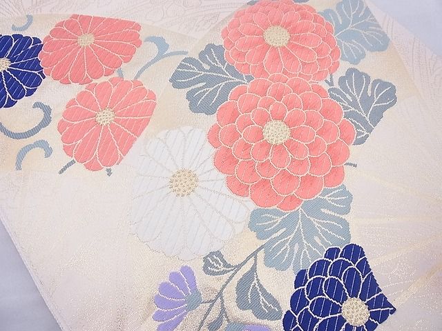 平和屋着物◎六通柄袋帯 唐織 扇面菊文 金糸 逸品 BAAJ0975cm