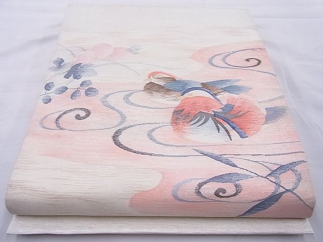 平和屋着物◎太鼓柄袋帯 すくい織 流水鴛鴦菊文 銀糸 逸品 BAAJ0976cm