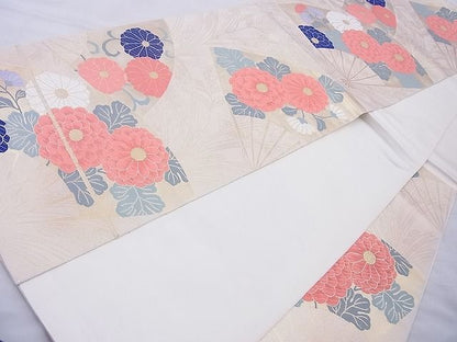 平和屋着物◎六通柄袋帯 唐織 扇面菊文 金糸 逸品 BAAJ0975cm