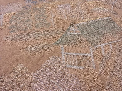 平和屋着物◎六通柄袋帯 樹林風景文 金銀糸 逸品 BAAJ0979cm