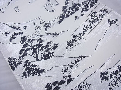 平和屋着物◎六通柄袋帯 樹林風景文 銀糸 逸品 BAAJ0989cm