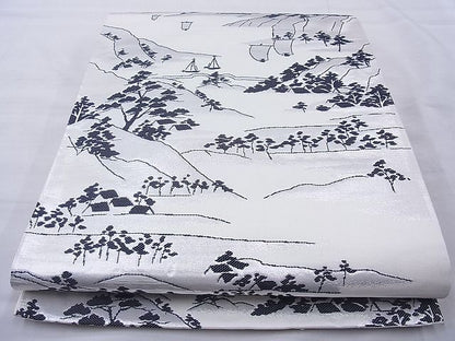 平和屋着物◎六通柄袋帯 樹林風景文 銀糸 逸品 BAAJ0989cm