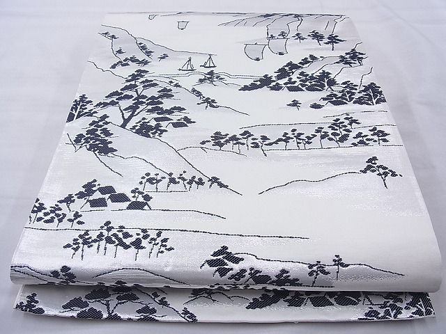 平和屋着物◎六通柄袋帯 樹林風景文 銀糸 逸品 BAAJ0989cm