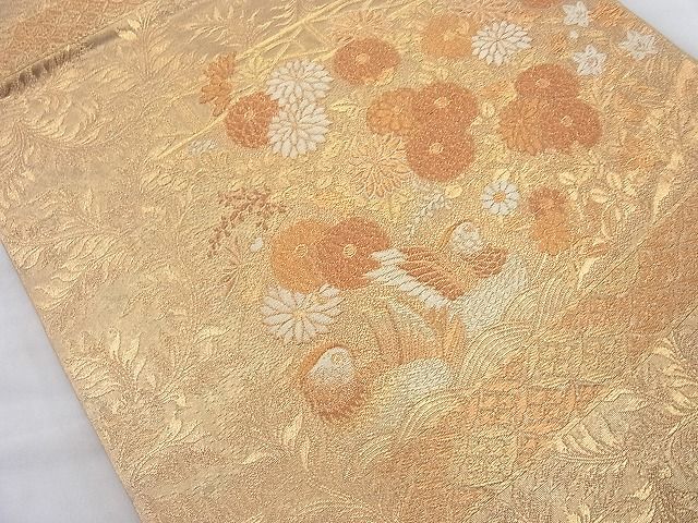 平和屋着物◎佐賀錦 六通柄袋帯 陽皇錦 蒔絵鴛鴦菊文 金糸 逸品 BAAJ6719cm